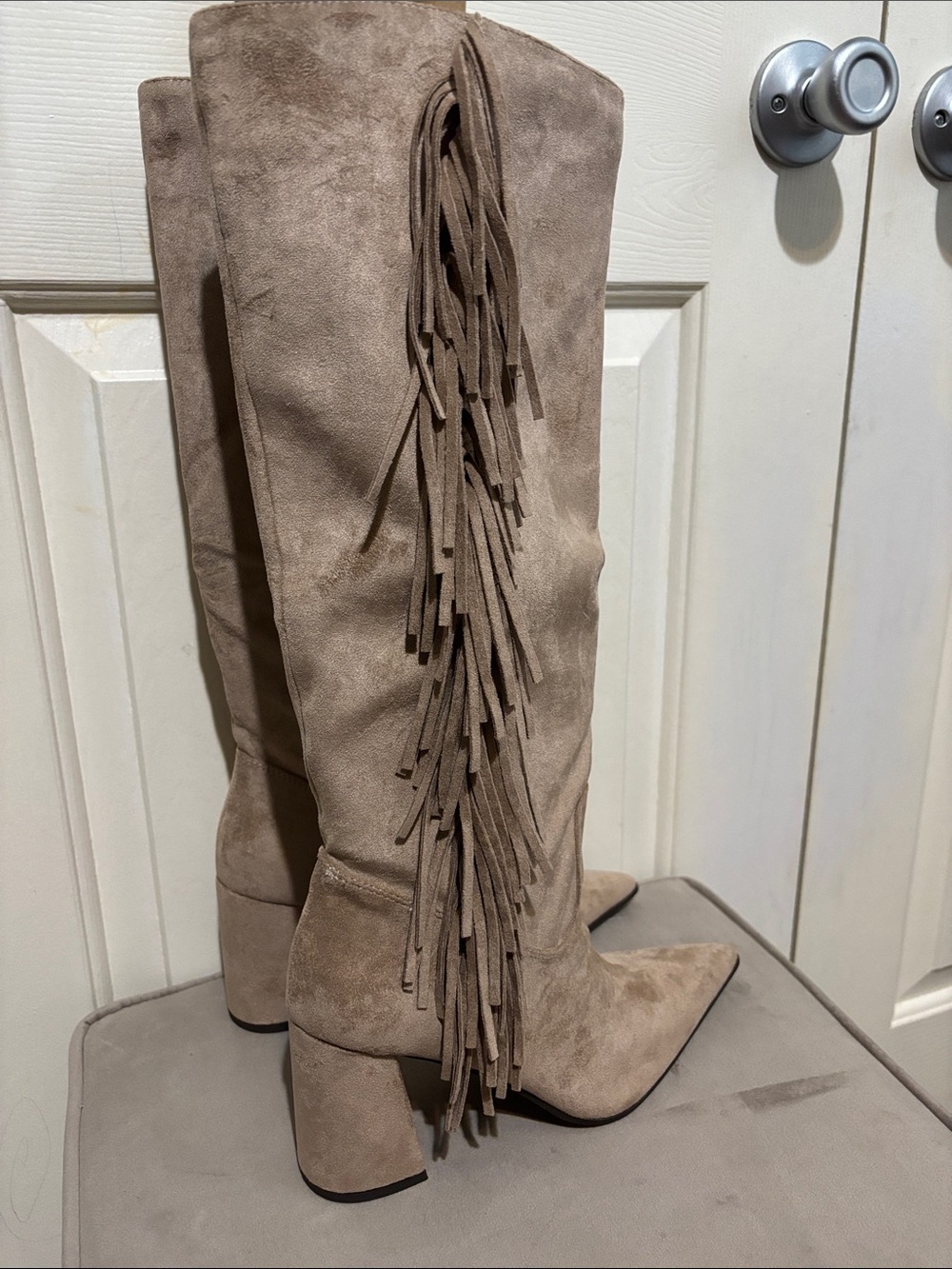 Madden Girl Taupe Fringe Knee-High Block Heel Boots Sz 8.5 New